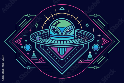 Colorful alien spaceship design featuring a UFO and cosmic elements in a vibrant, futuristic style