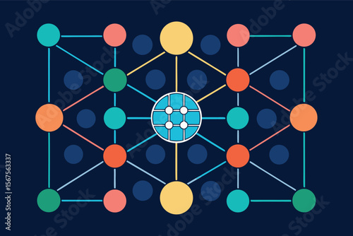 Colorful geometric network with nodes and connections representing data flow and relationships in a digital environment