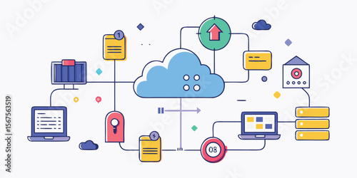 Cloud computing network diagram illustrating data flow and storage connections with devices and security icons