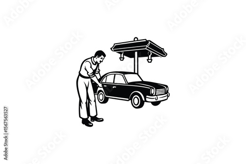 Monochrome Illustration of a Man Refueling a Car at a Gas Station