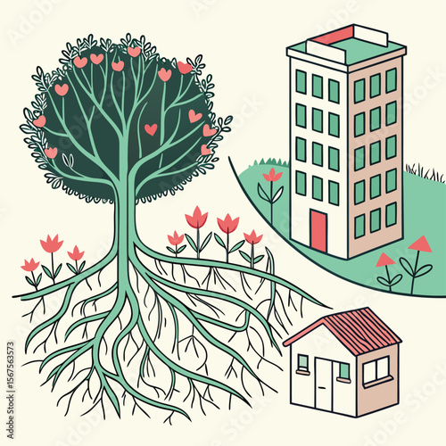 Illustration of a tree with heart shaped leaves and visible roots near buildings and flowers art