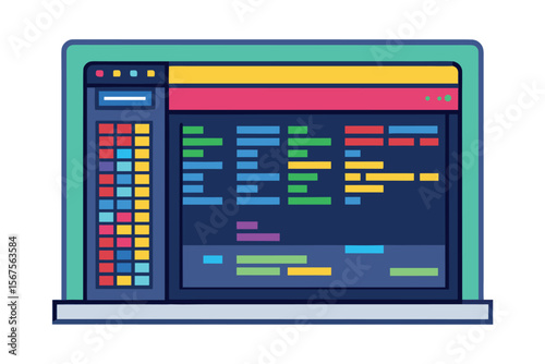 Colorful code editor interface displayed on a computer screen with various programming syntax highlighted in vibrant colors