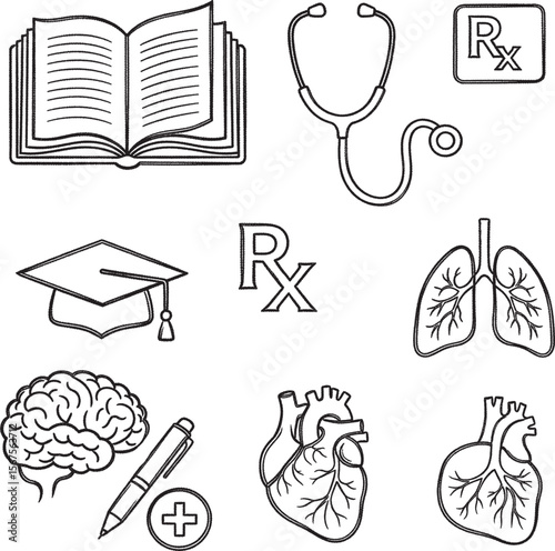 Set of hand-drawn medical and educational icons, including a book, stethoscope, organs.