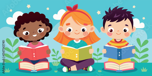 Children reading books outdoors in a colorful illustration surrounded by nature and blue sky