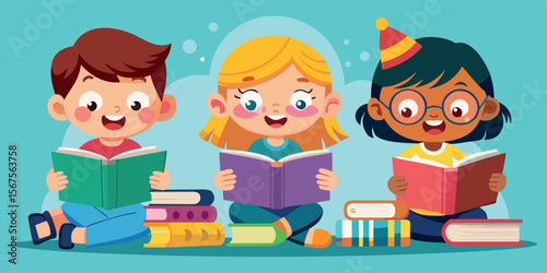 Children enjoying reading time together in a vibrant indoor environment with colorful books and joyful expressions