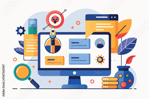 Digital workspace illustration showcasing online communication and technology integration in a modern setting