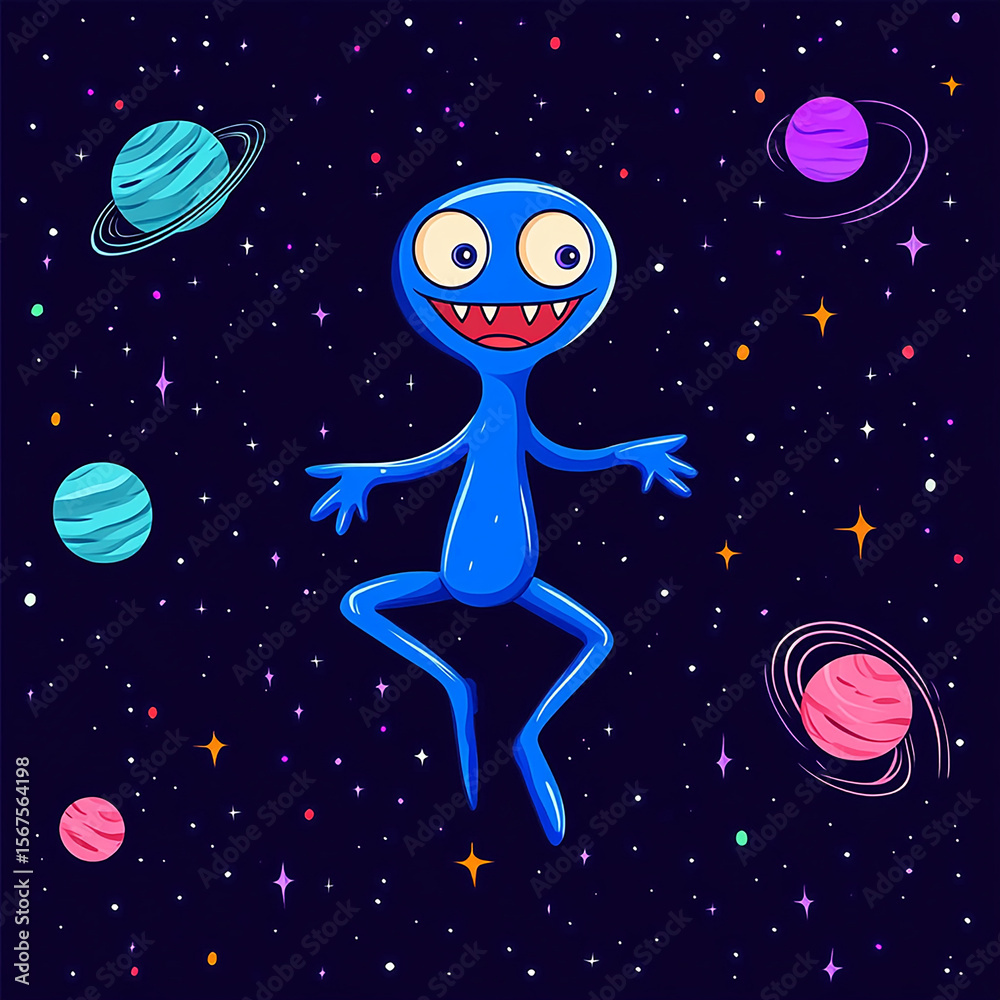 Fototapeta premium Cartoon alien and UFO fly by the moon through a starry night sky, a blue fantasy vector illustration