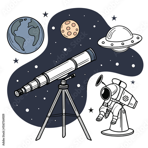 Illustration of a telescope, earth, moon, ufo, and another telescope in a starry night sky scene