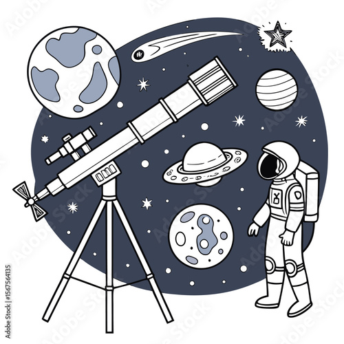 Illustration of an astronaut with a telescope looking at planets and stars in space scene depicted