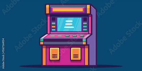 Brightly colored arcade game machine stands against a blue background in a retro gaming setup