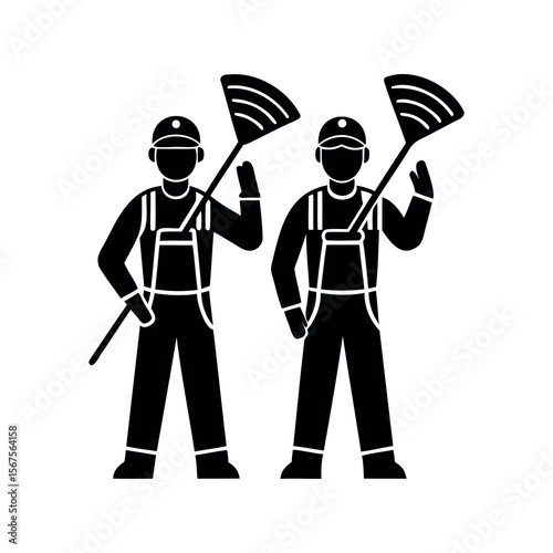 Two workers holding rakes ready to start their garden maintenance job