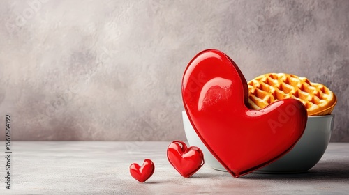Red Hearts and Golden Waffles in Stylish Bowl on Tabletop