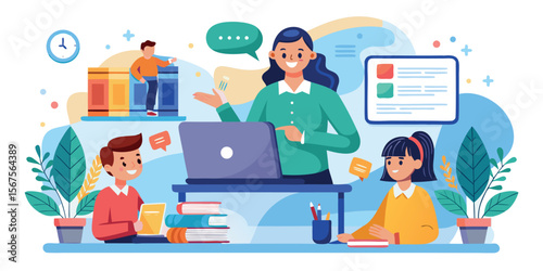 Engaging online learning session with teacher and students in a bright, inviting classroom environment