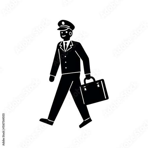 Professionally Dressed Chauffeur Walking with Briefcase Depicted in a Silhouette Style