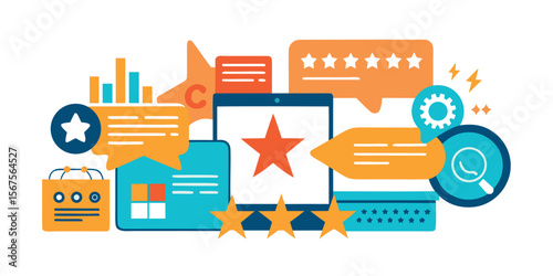Digital marketing concepts illustrated with stars, ratings, and communication icons in vibrant colors