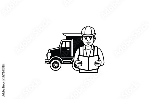 Construction Worker with Plans and Dump Truck in Black and White