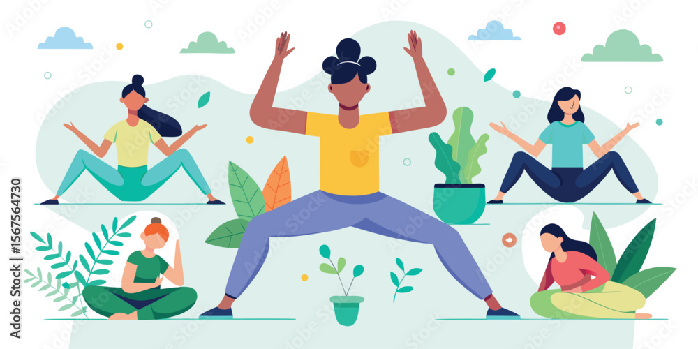 Group of diverse women practicing yoga outdoors in a serene environment with plants under a clear sky Group of diverse women practicing yoga outdoors in a serene environment with plants under a clear sky