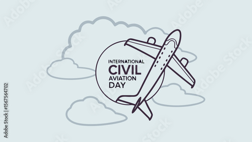 International Civil Aviation Day:  Simple Line Art Airplane Soaring Through Clouds, Minimalist Design, Celebratory Mood,  Peaceful Sky, Travel Theme, Vector Illustration.