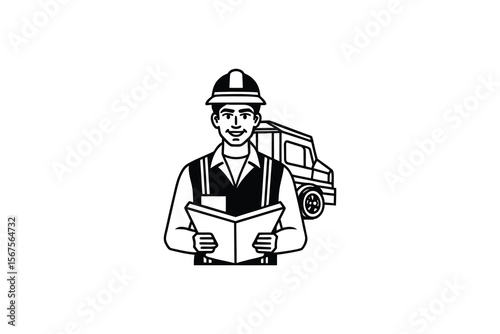 Delivery Driver Reading Manual With Truck in Background Line Art