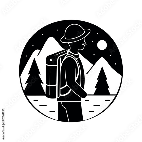 Silhouette illustration of a traveler in a mountainous landscape under the stars