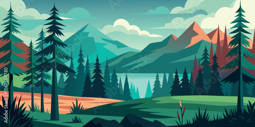 Vibrant landscape of mountains and forest with serene lake at twilight