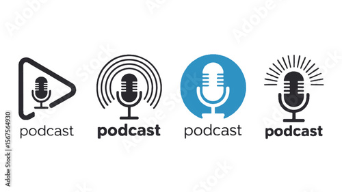 Four minimalist microphone logos for podcasts audio