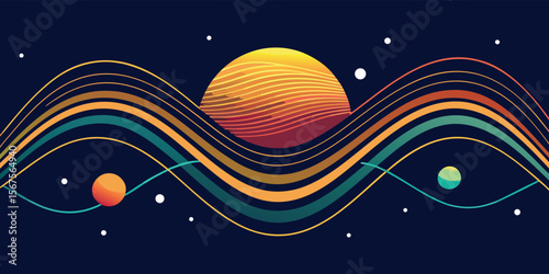 Colorful abstract landscape featuring a sun and planets, creating a vibrant cosmic atmosphere