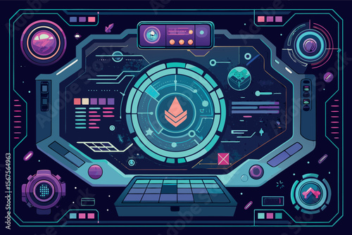 Futuristic digital interface displaying data and graphics in a sci-fi design with bright colors and intricate details