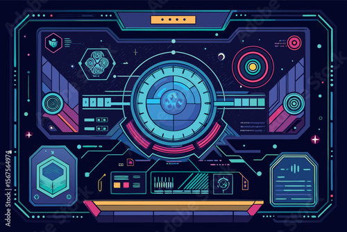 Futuristic control panel design with high-tech interface elements and vibrant colors
