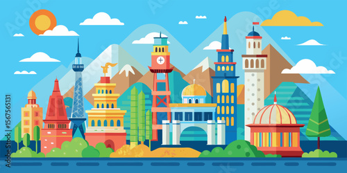 Colorful illustration of famous landmarks surrounded by mountains under a bright sun
