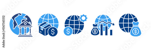 Global Economy Icon Set Multiple Style Collection, Containing design Worldwide, Gross Domestic Product, Global Financial System, International Capital , Economic Downturn