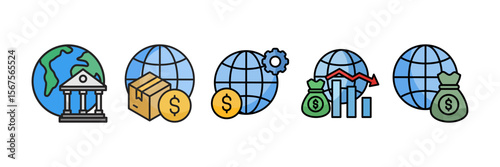 Global Economy Icon Set Multiple Style Collection, Containing design Worldwide, Gross Domestic Product, Global Financial System, International Capital , Economic Downturn