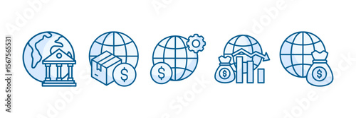 Global Economy Icon Set Multiple Style Collection, Containing design Worldwide, Gross Domestic Product, Global Financial System, International Capital , Economic Downturn