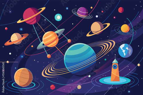 Colorful depiction of planets and celestial bodies in a vibrant cosmic landscape with a distant lighthouse