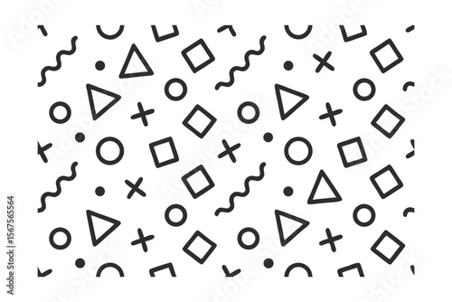 Geometric shapes pattern including triangles squares circles crosses wavy lines on