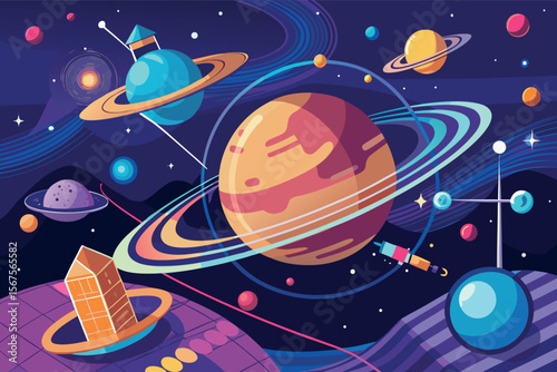 Colorful illustration of a vibrant space scene with planets and stars in a fantastical universe