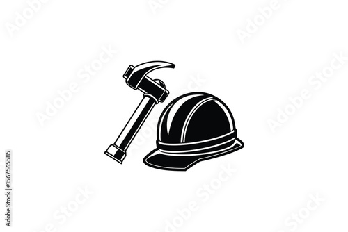 Black and white illustration of a hammer and construction hard hat