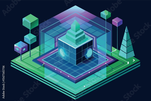 Digital landscape of a futuristic geometric structure surrounded by trees and cubes in a cyber-inspired setting