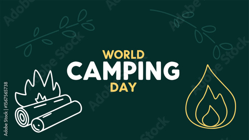 World Camping Day:  A minimalist, illustrated design featuring a campfire, stylized branches, and a celebratory mood, perfect for outdoor and travel promotions.