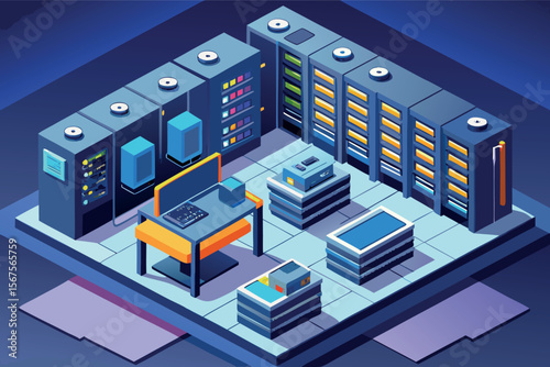 Modern data center with multiple server racks and workstation in a high-tech environment