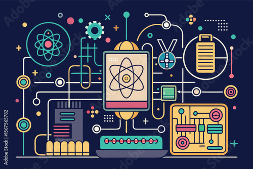 Colorful vector illustration of technology and science themes with atomic symbols and circuits in a modern design
