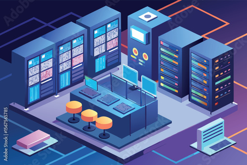 Modern data center design showcasing server racks and workstations with vibrant colors and digital displays