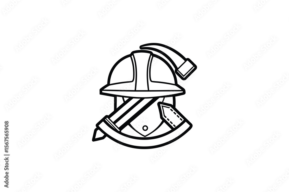 Fototapeta premium Firefighter Emblem with Helmet Axe and Maltese Cross in Black and White