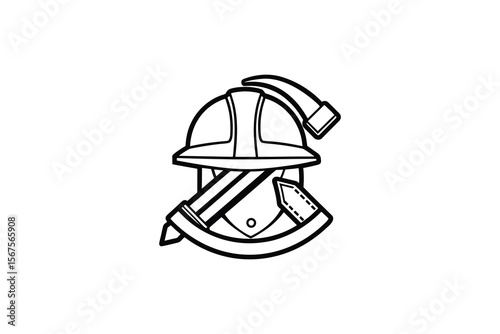 Firefighter Emblem with Helmet Axe and Maltese Cross in Black and White