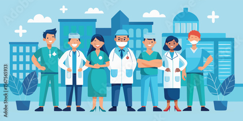 Healthcare professionals stand together in a vibrant city landscape promoting teamwork and community wellness