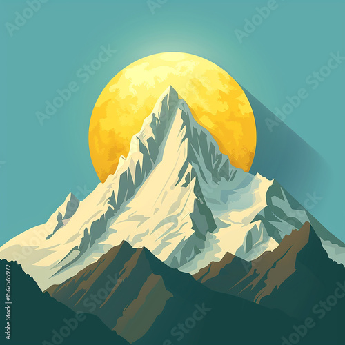 Mountain Vector illustration of a landscape with snow-capped peaks, a tranquil lake, and a vibrant sky, perfect for nature and travel themes