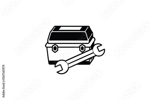 Black and white toolbox with wrench icon for construction and repair