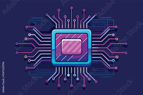 Digital circuit board design showcasing a microprocessor on a dark background with colorful connections and patterns