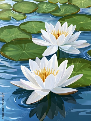 White water lilies blooming in the summer pond