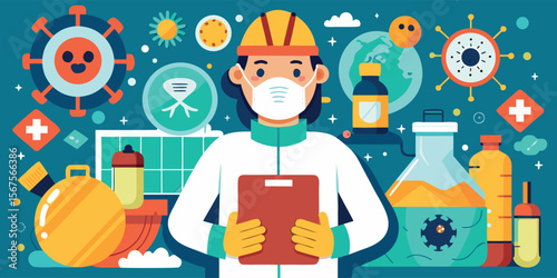 Scientist conducting research on infectious diseases in a laboratory setting with various scientific tools and symbols